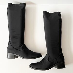 Vintage Black Neoprene‎ Stretchy Knee High Block Heel Riding Boots Size 6